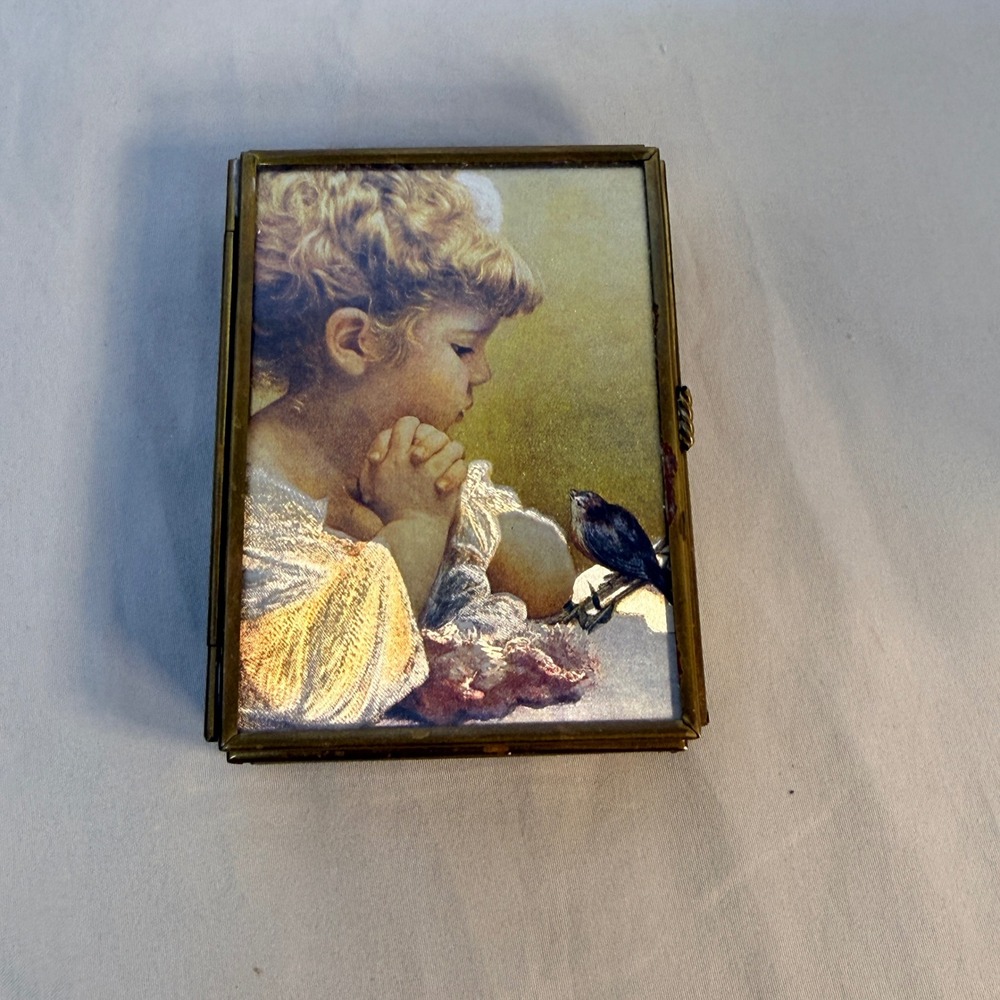 Vintage Enesco Brass Glass Trinket Box Praying Child Bird Lithograph Mexico